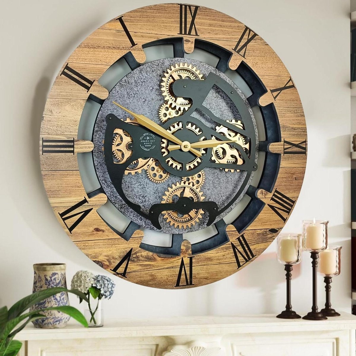 Wandklok - Tandwielklok Decoratie - Woonkamer Decoreren - Echte bewegende tandwielen - 60 cm - Hout en steen