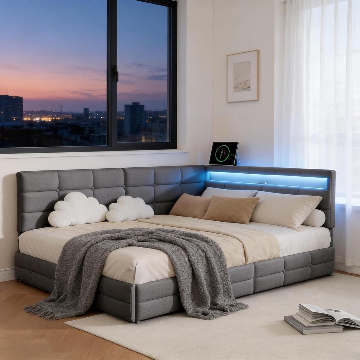 Gestoffeerd Bed - Opbergbed Slaapbank - Ruimte Besparen - Met LED en USB - 140x200 cm - Grijs