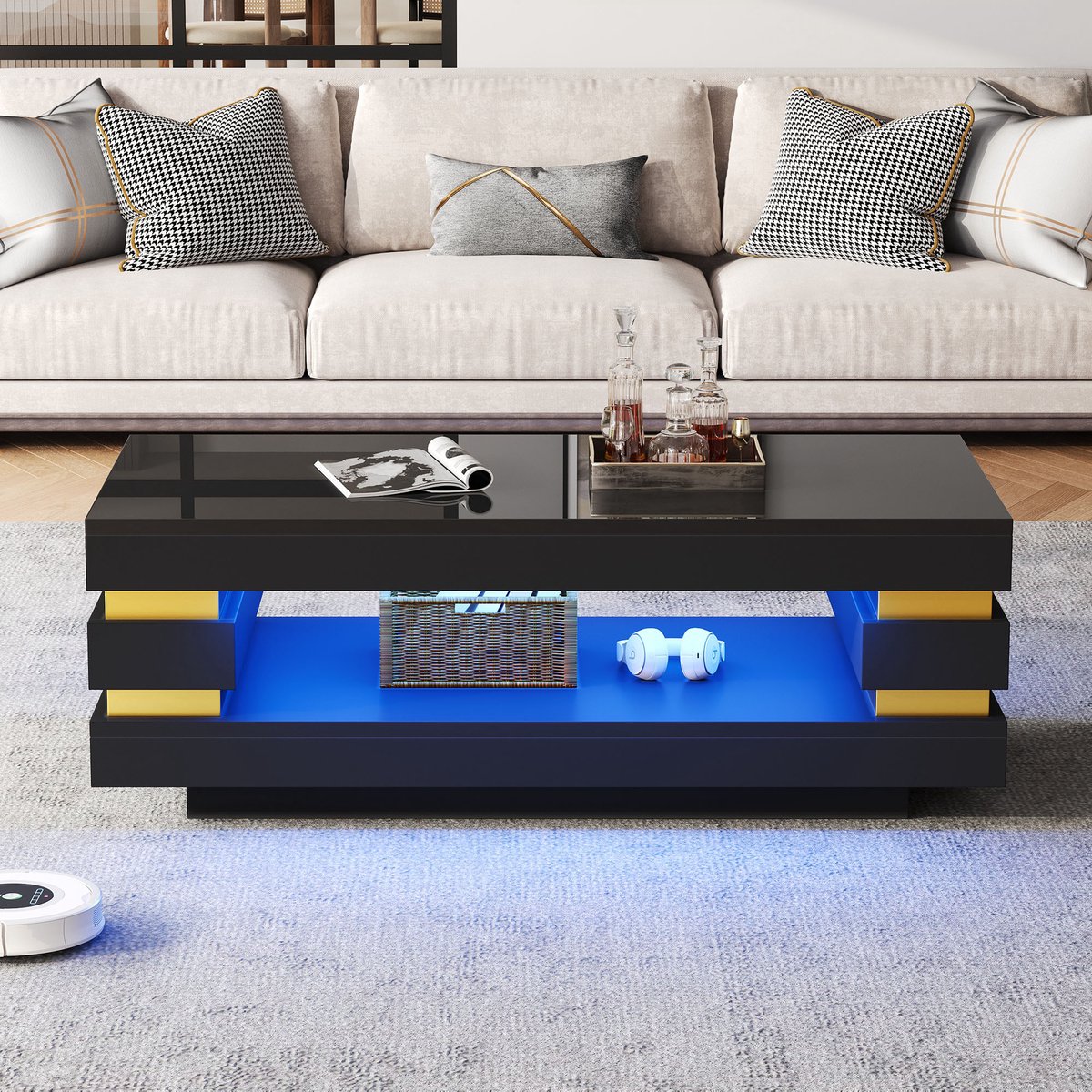 Zwart Salontafel 100x50x35cm met LED Verlichting & Opbergruimte - Hoogglans