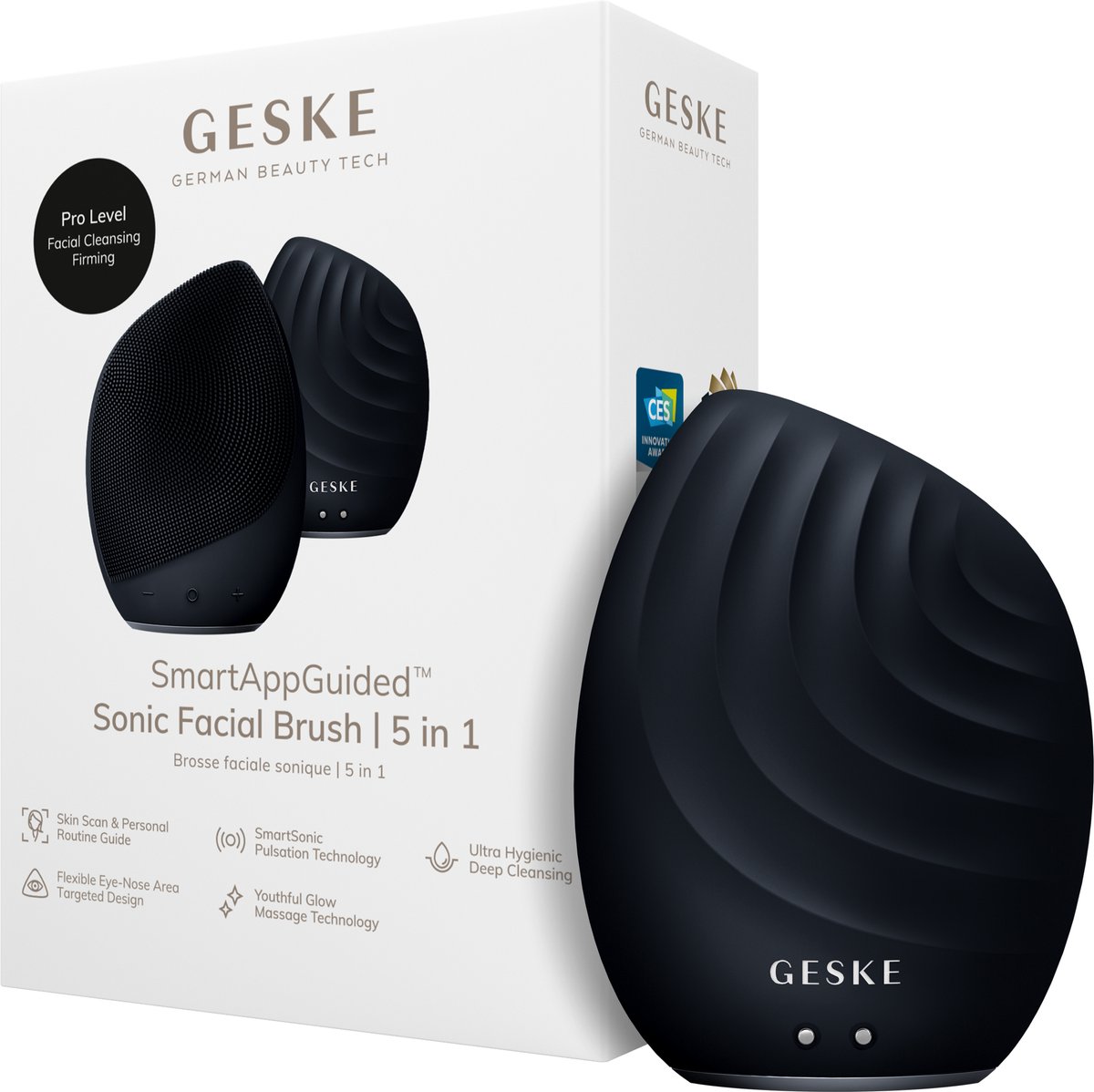 GESKE | SmartAppGuided™ Facial Brush 5 in 1 | Elektrische gezichtsreinigingsborstel | Zachte siliconen borstel | Professionele gezichtsreiniging | Gezichtsreinigingsapparaat | Gezichtsmassager