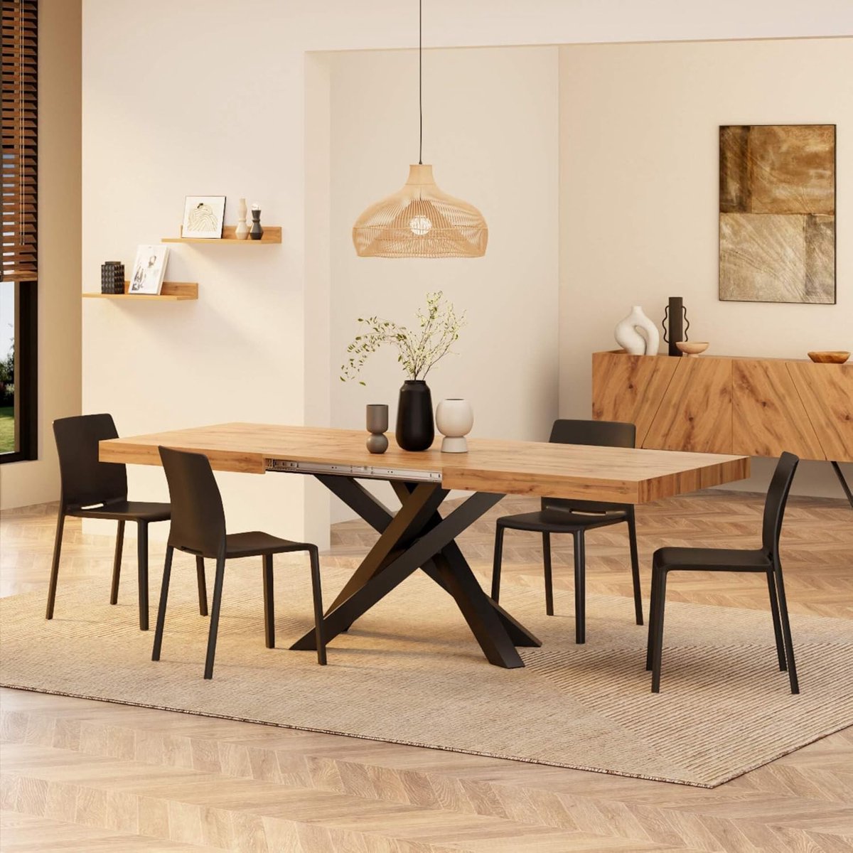 Uitschuifbare eettafel 160-240 x 90 x 75 cm – Emma Industrial Cross Design – Rustiek Eiken met Zwarte Kruispoten – Rechthoekige Eetkamertafel voor 6 tot 10 Personen, Opbergruimte voor Verlengbladen, Made in Italy