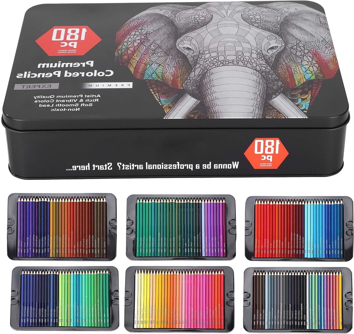 Complete Tekenpencilenset met 180 Stukken, Kleurpotloden en Grafietpotloden in IJzeren Doos voor Volwassenen en Kinderen, Perfect voor Kunstenaars en Creatieve Projecten
