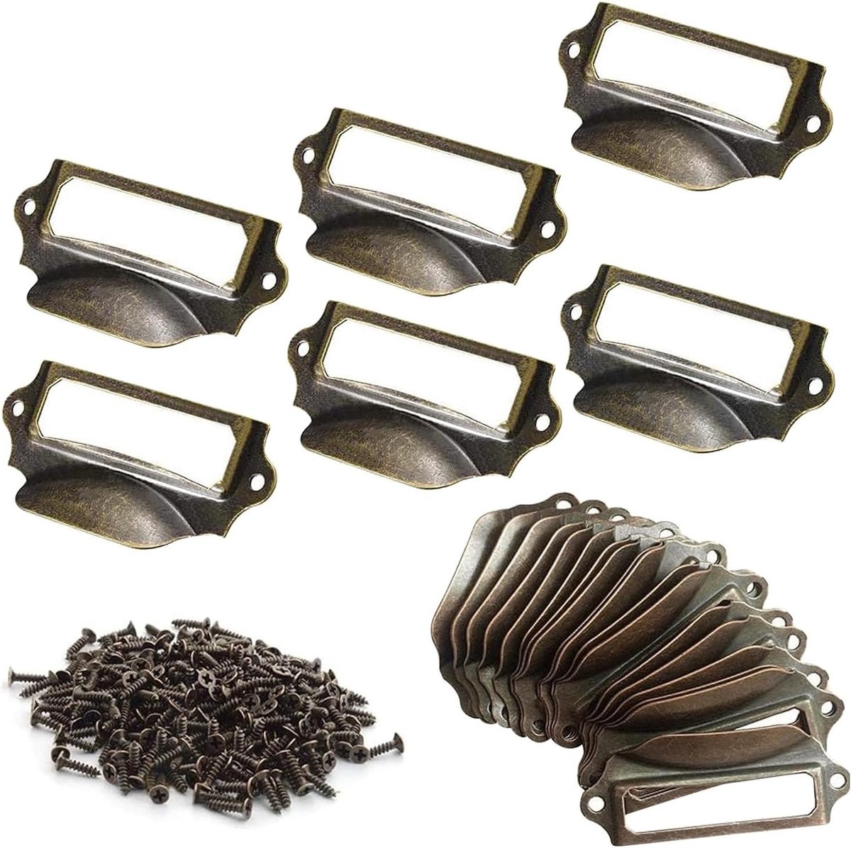 Set van 25 Vintage Trekhandvatten voor Labelhouders - Kaart Houder voor Laden in Apotheekkast, Archiefkast en Kantoor - 70 x 30mm met Schroeven
