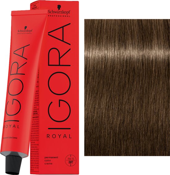 Rode doos en tube Igora Royal permanente haarkleurcrème naast een lok bruin haar.
