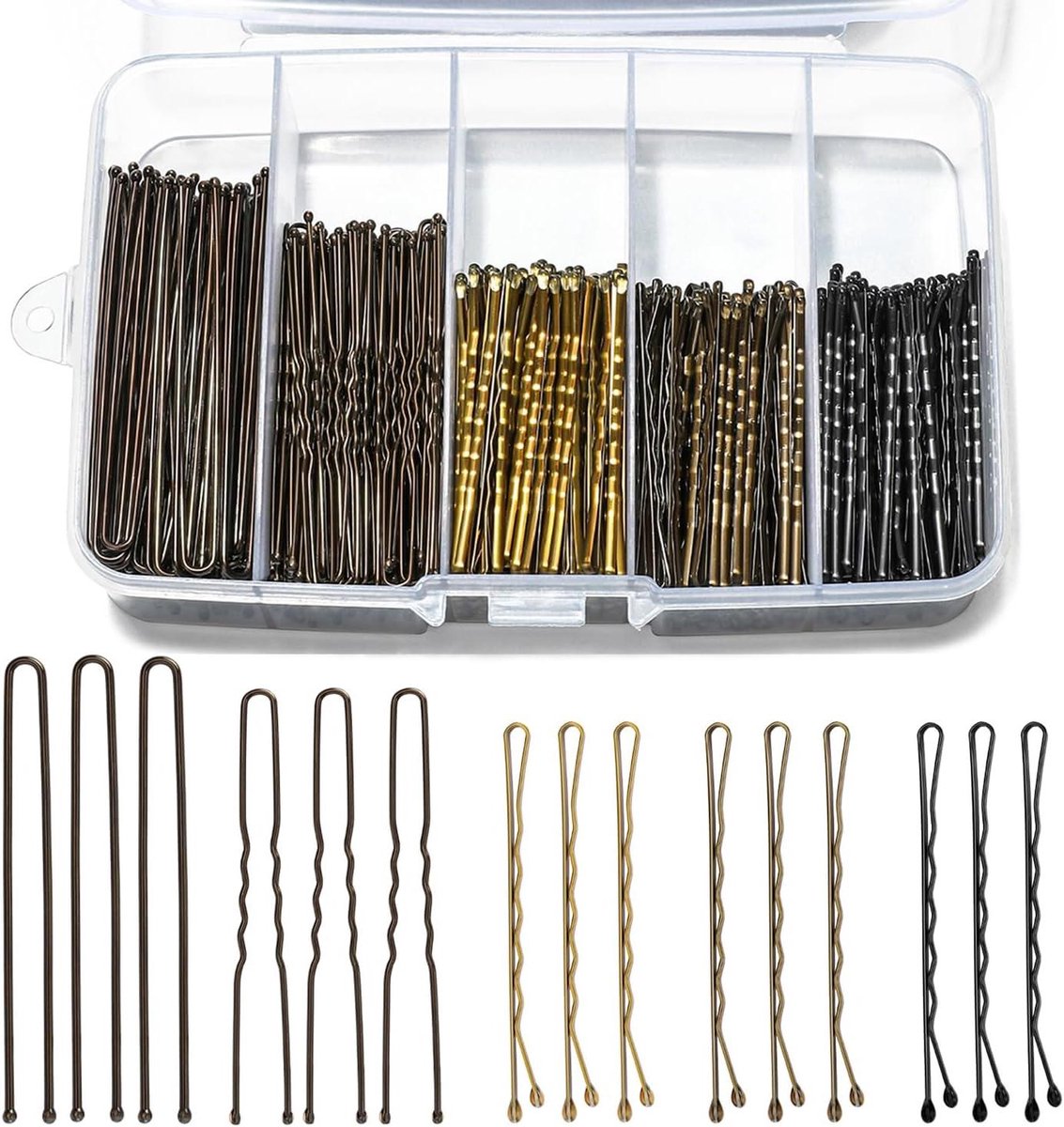 Haarspelden Set - Bobby Pins U-Vorm - Haar Styling - 500 Stuks - 2 & 2.4 Inch - Zwart Bruin Goud