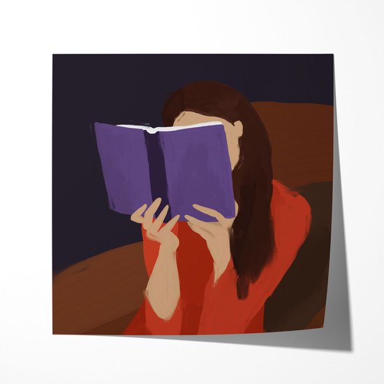 Lezende Vrouw Paars Boek - Poster 60x60 cm vierkant Sfeervolle wanddecoratie voor woonkamer en slaapkamer - Premium papier - Zonder lijst