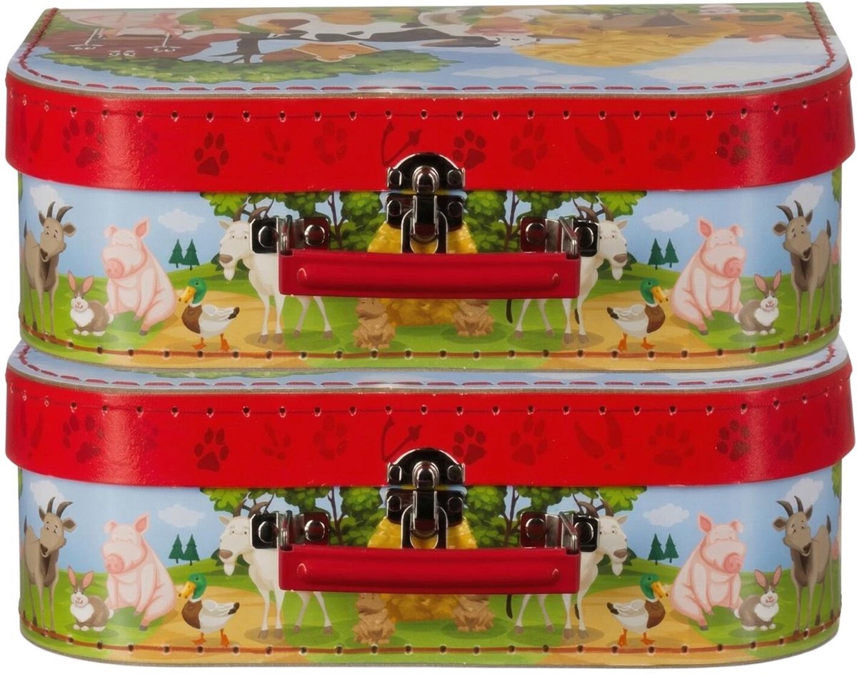 Kinderkamer opberkoffer boerderij thema - 2x - rood - 30 cm - karton - kinderkoffer - speelkoffer