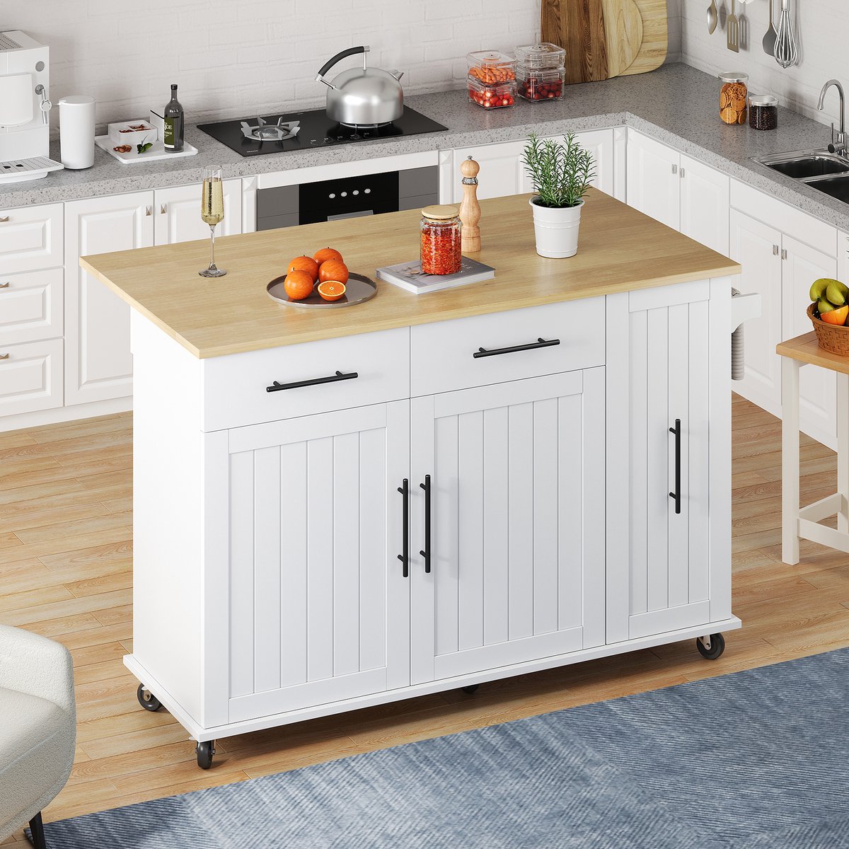 MIVRAY Keukeneiland - Met Uitklapbaar Blad En Uittrekbare Opberger - Voor Keuken En Eethoek - MDF Wit Naturel - 120x40x90 Cm