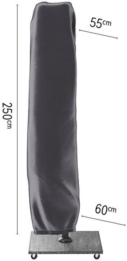 Grijze parasolhoes, 250cm hoog, 55cm breed bovenaan en 60cm breed onderaan, met een voet.