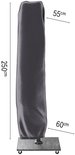 Grijze parasolhoes, 250cm hoog, 55cm breed bovenaan en 60cm breed onderaan, met een voet.