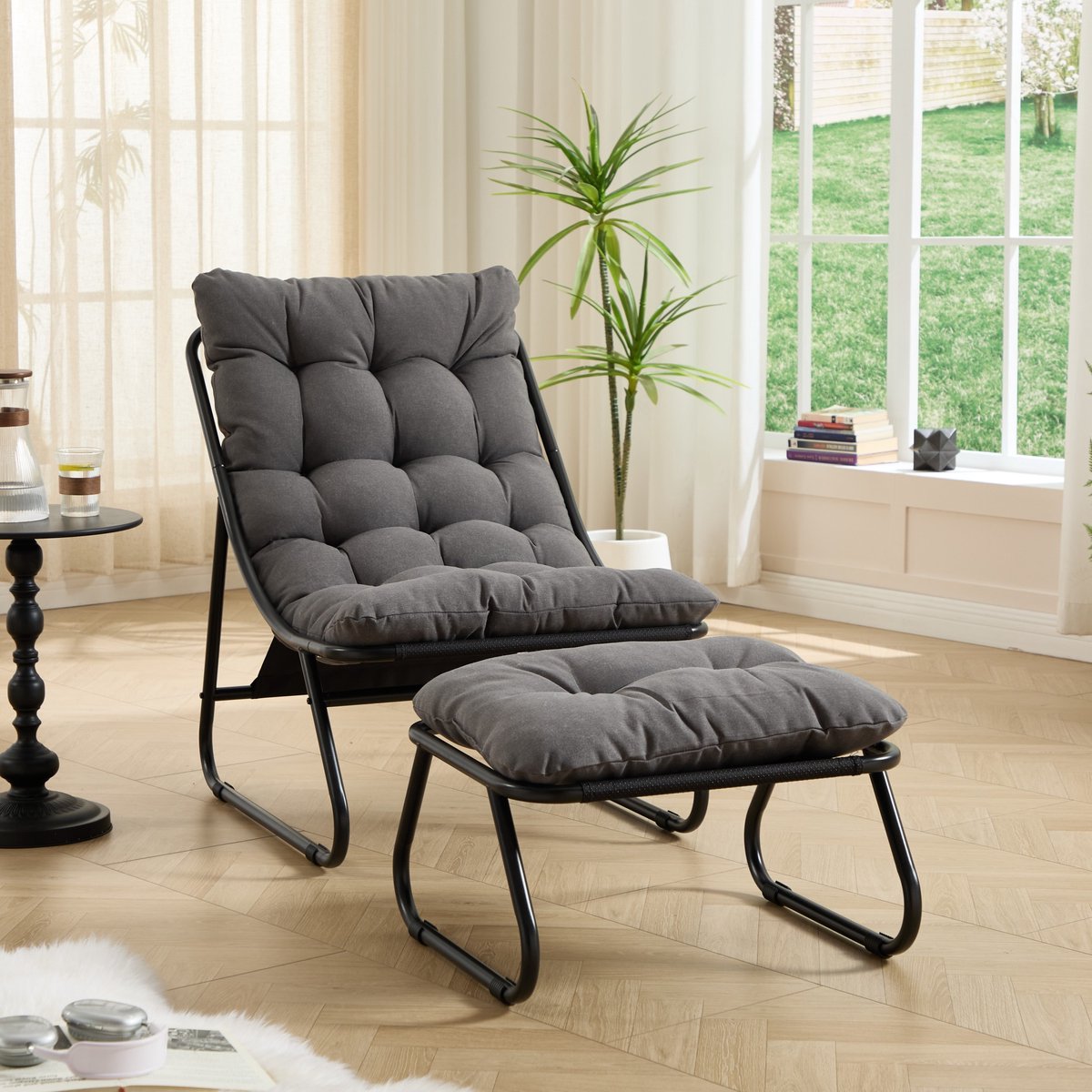 Sweiko Tuinstoel - Inclusief hocker - Relaxstoel - Met kussens - Metalen frame - Katoen - Grijs