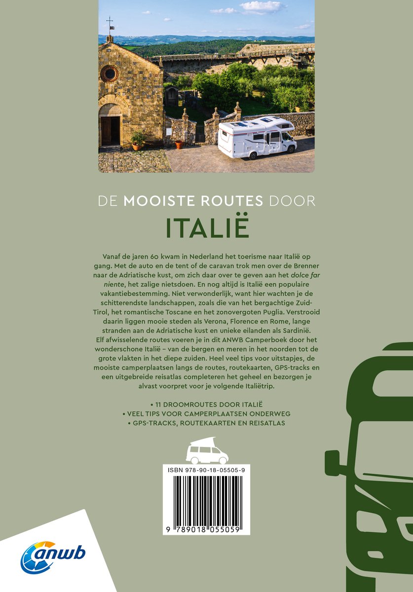 Cover van een Camperboek met de mooiste routes door Italië, met een foto van een camper voor een kerk in Toscane.