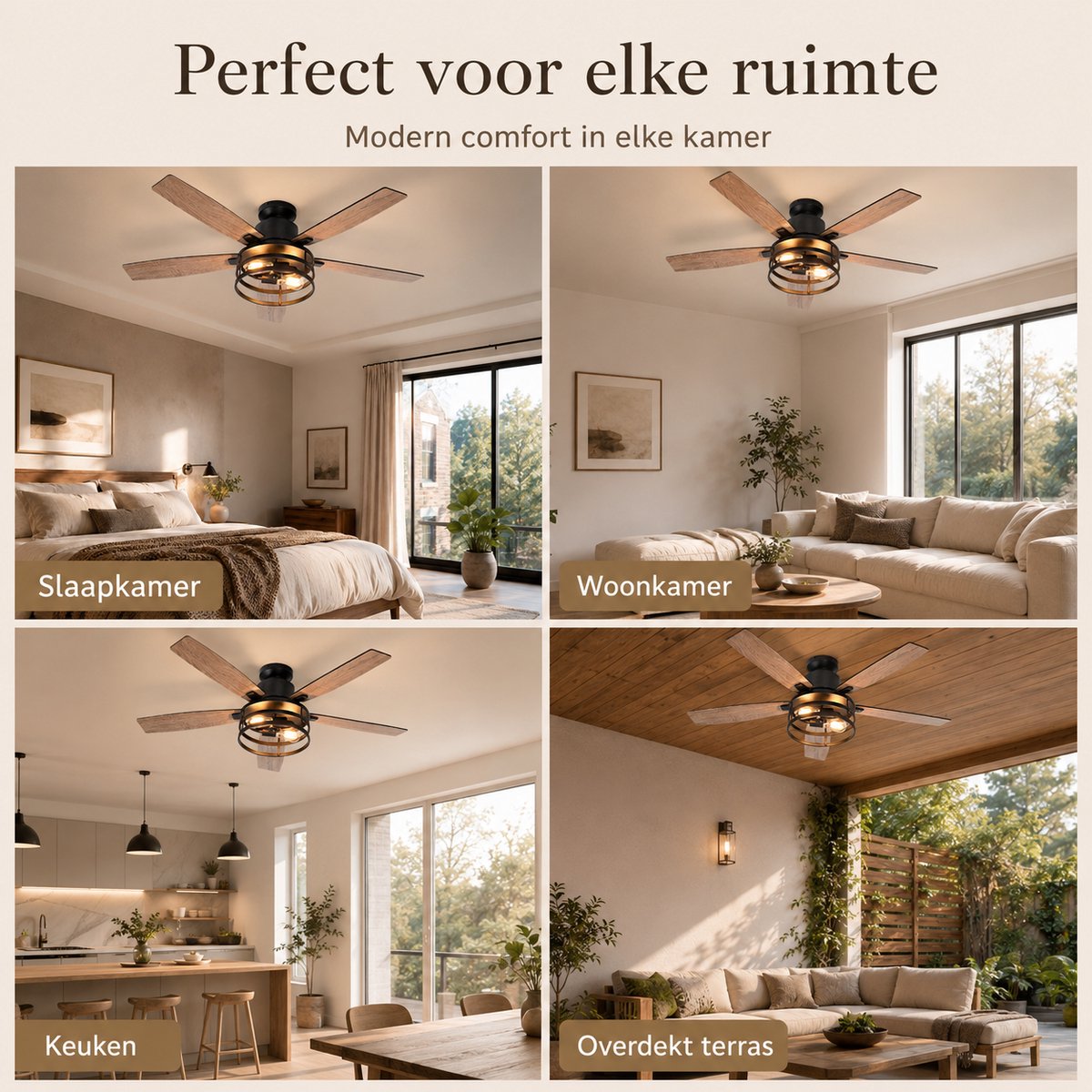 Rosnek Plafondventilator met Verlichting Ø112cm - Smart Lamp met Afstandsbediening - Plafonniere Keuken Lamp met 6 Ventilatiesnelheden - Plafond Ventilator Lamp met Timer, Landelijke Stijl voor Slaapkamer, Woonkamer & Terras thumbnail 7