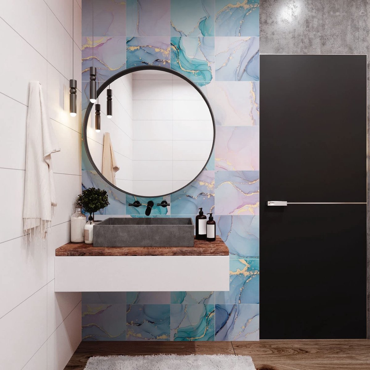 By shayne - Vinyl Tegelstickers - Blauw en Roze Marmer Effect - 12 Stuks - Geschikt voor Keuken en Badkamer - Makkelijk aan te brengen - Sfeer verhoge