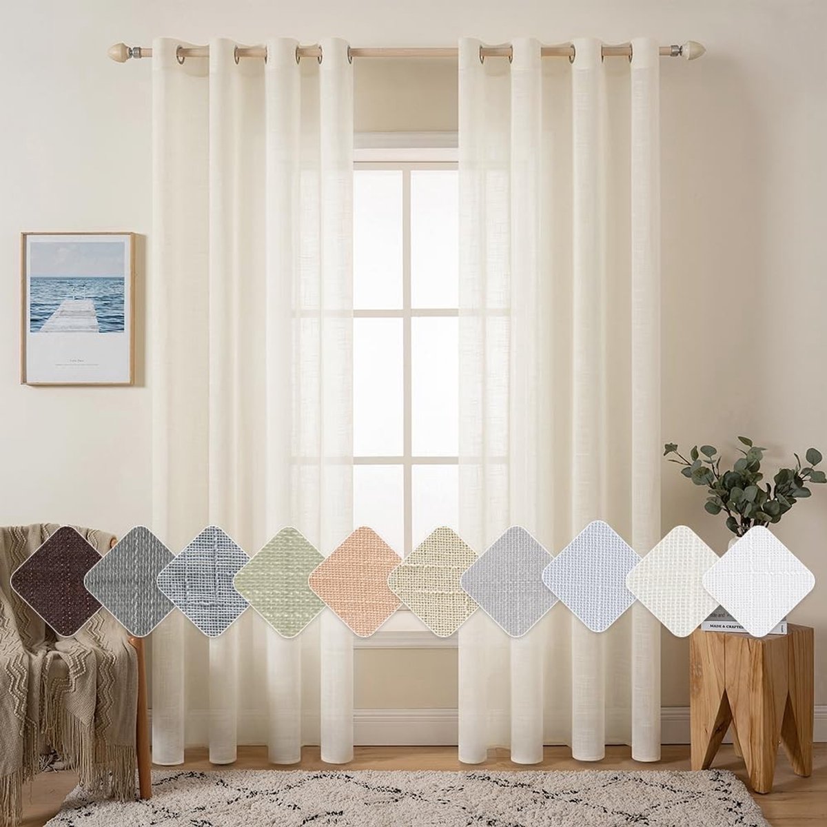 Smoakez - Voile-gordijnen - Transparant linnenlook - Lichtdoorlatend en decoratief - Ivoorwit - Voor slaapkamer en woonkamer - Set van 2 panelen