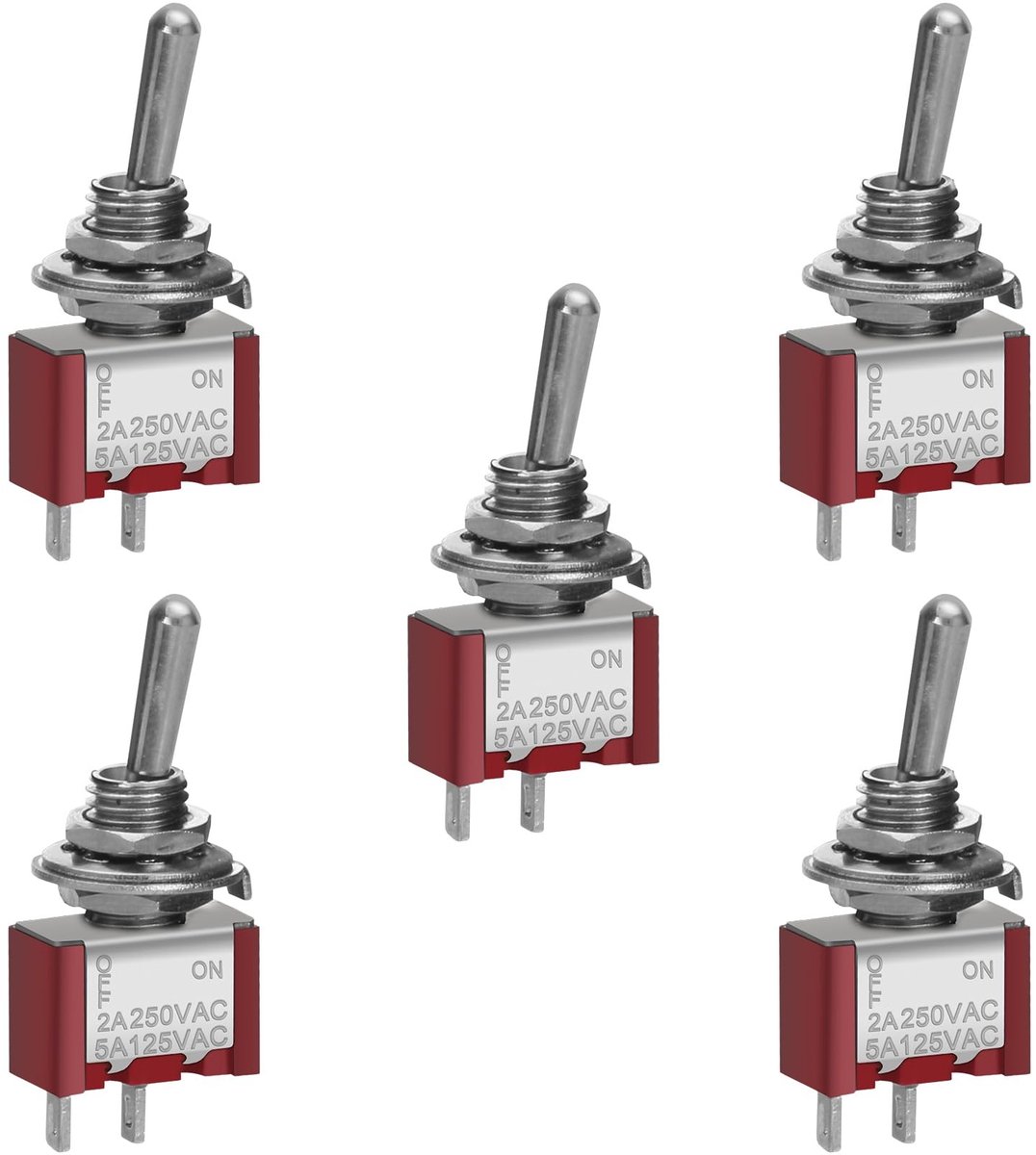 Dailygoods - Miniatuur Rocker Switch - On-On Schakelaar - 2-Pin Verbinding - 2 A 250 V - Type - Geschikt voor Paneelmontage - 5 Stuks