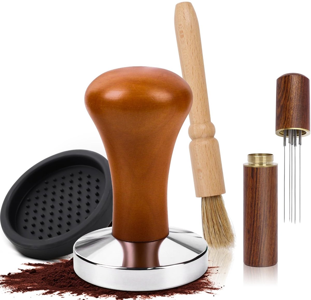 Smoakez - Koffietamper - Roestvrij staal - Elegant design - 58 mm - Inclusief tamperpad, espressonaald en reinigingsborstel - Geschikt voor barista...