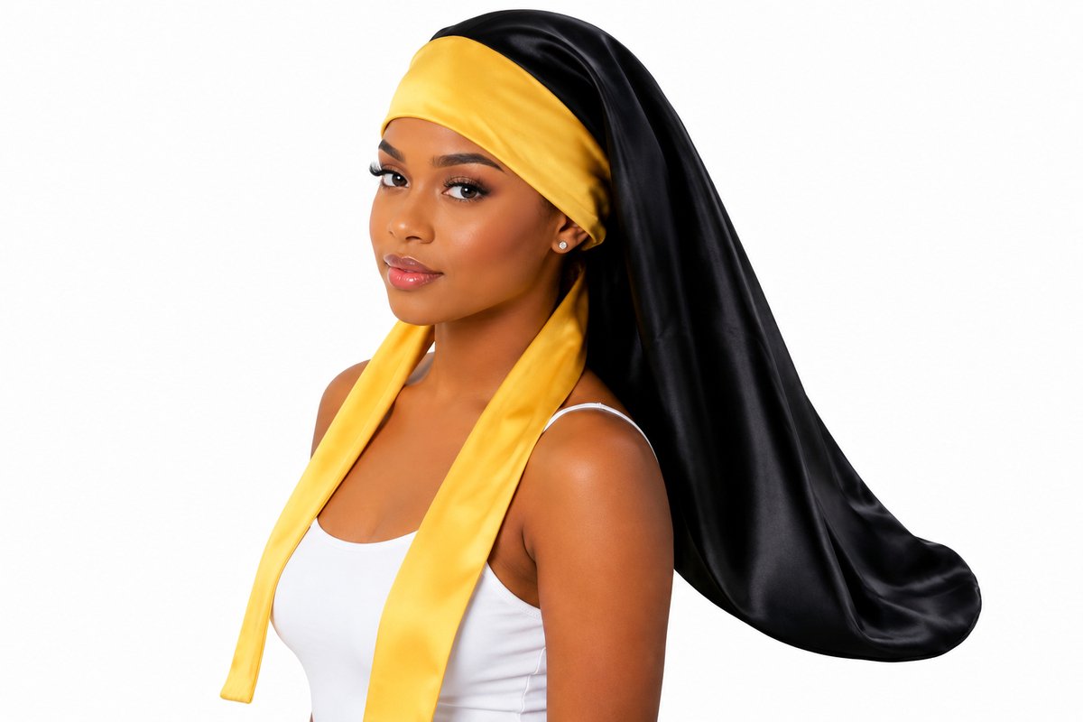 XARIA Satijnen Slaapmuts Lang Haar – Satijn Binnen & Buiten – Dubbelzijdige Bonnet met Lange Elastische Lussen – Omkeerbaar – Voor Krullen, Extensions, Dreads, Braids & Protective Styles- Zwart/Geel