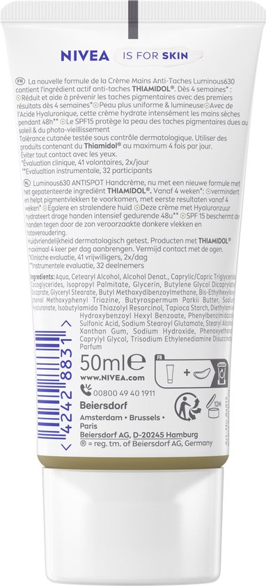 Verpakking achterzijde van NIVEA Luminous 630 Anti-Spot handcrème met SPF 15 in het Nederlands en Frans.