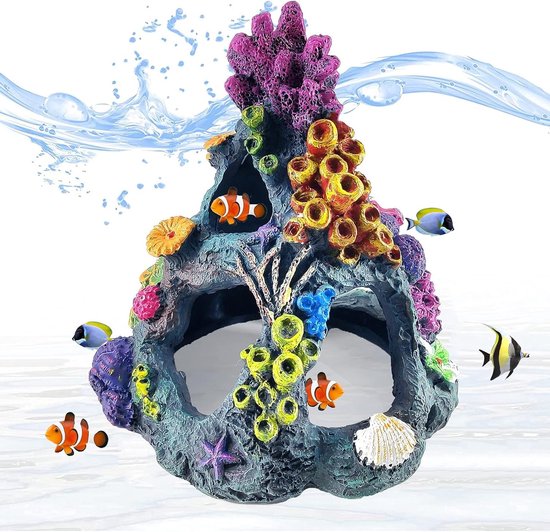 Gekleurd aquariumdecor van koraal met holen, met anemoonvissen.