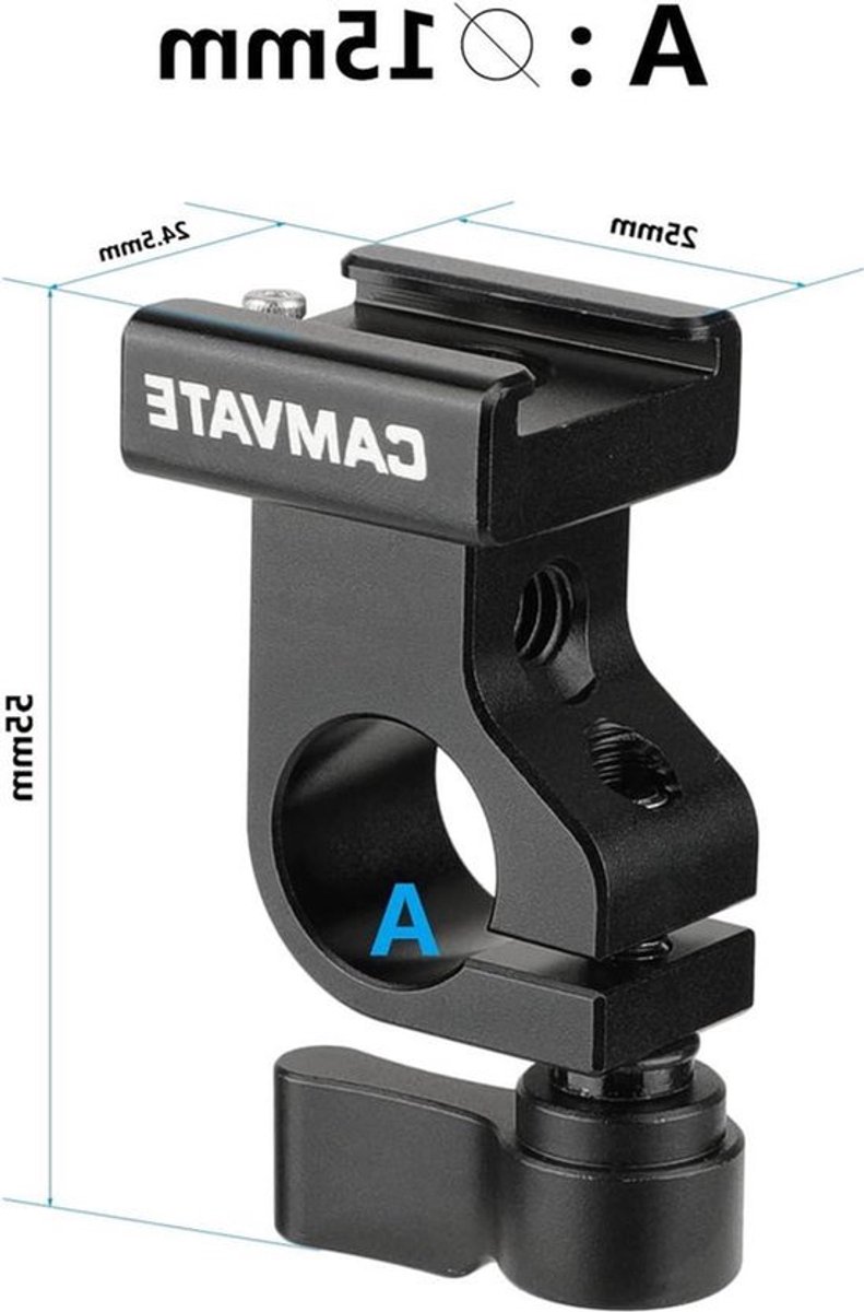 Side Single Rod Clamp 15 mm met Cold Shoe Adapter voor Camera Accessoires (Zwart)