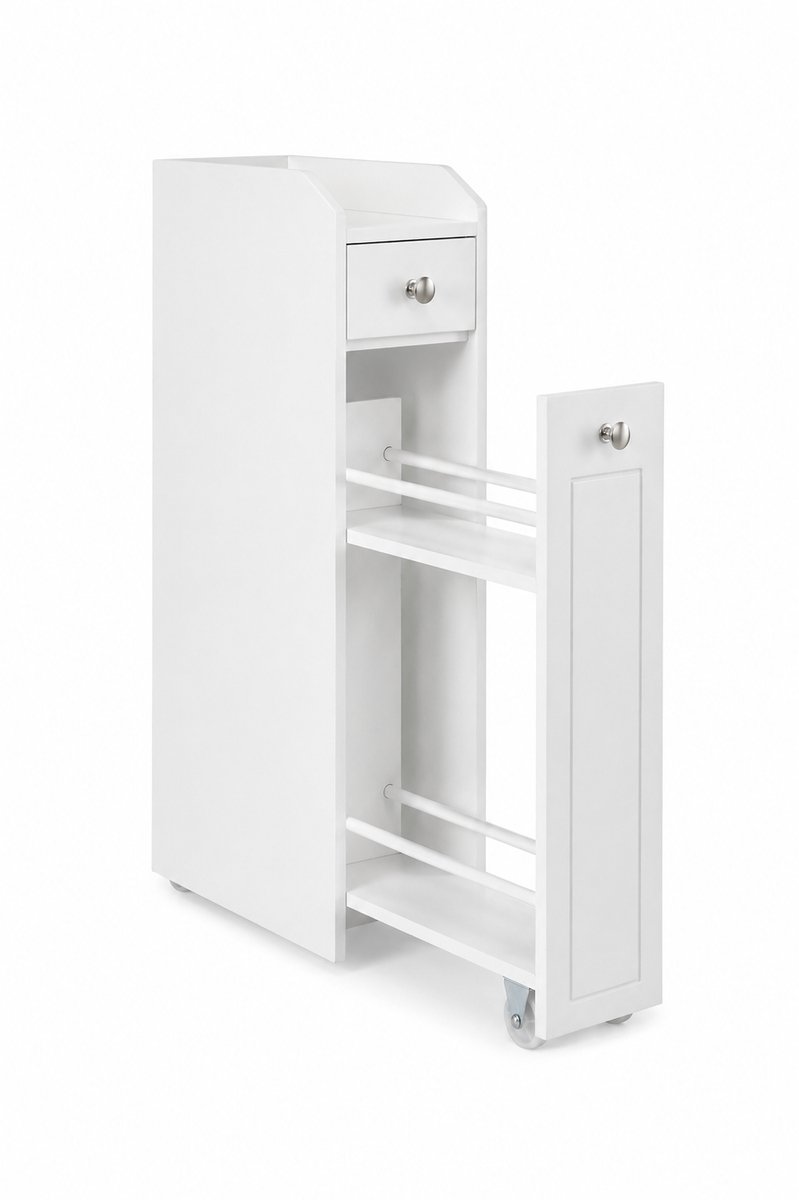 Pelor Smalle Badkamerkast - Met Lade - Uittrekbare Opbergwagen - Toiletkast - Voor Kleine Ruimtes - Wit - 70 cm