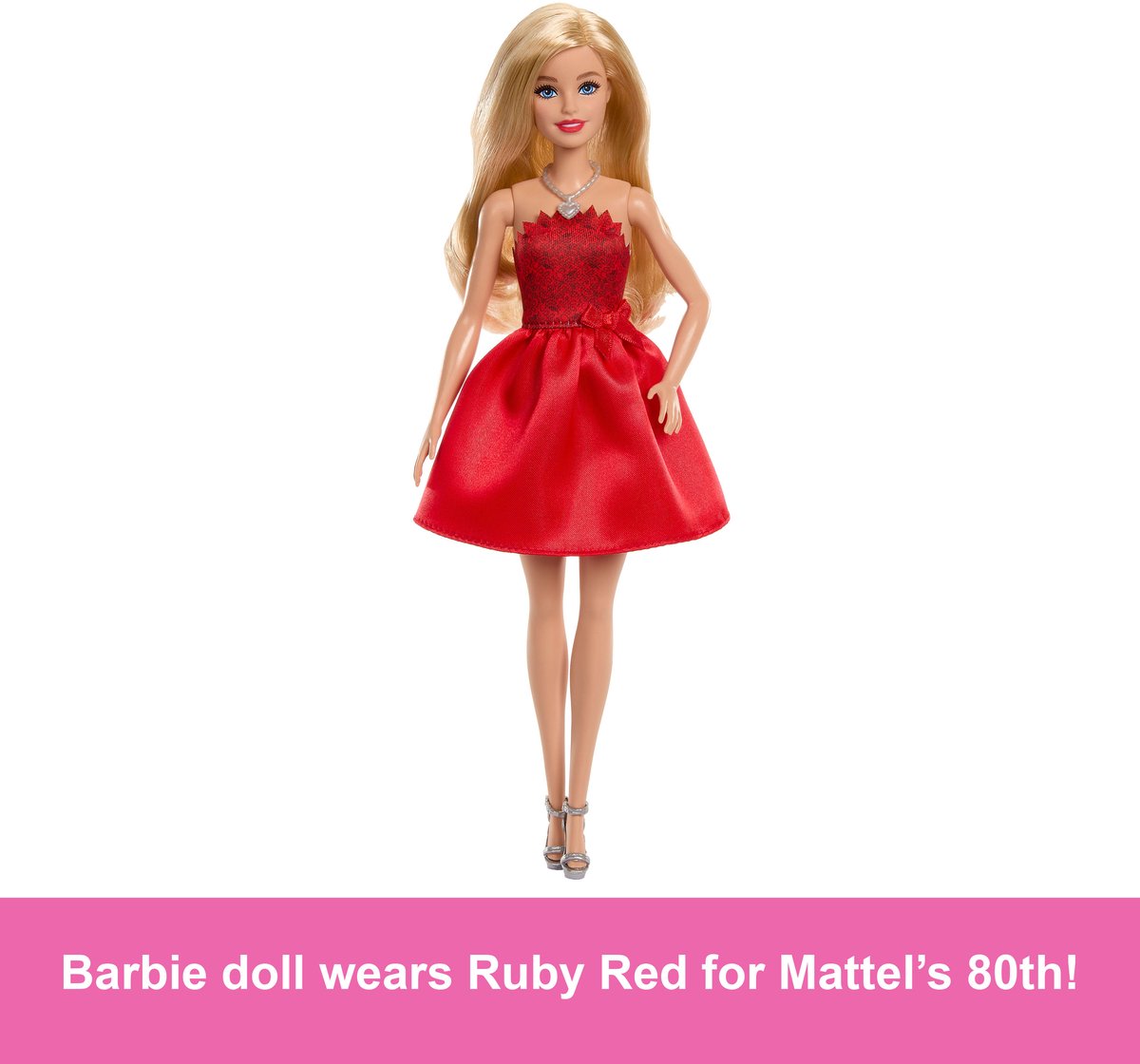 Barbie Mattel 80-Jubileum Modepop – Robijnrode Jurk & Zilveren Accenten — afbeelding 2