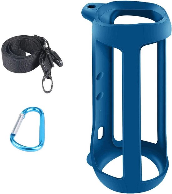 Siliconen beschermhoes voor JBL Flip 5 Bluetooth speaker met carabiner en schouderband, blauw