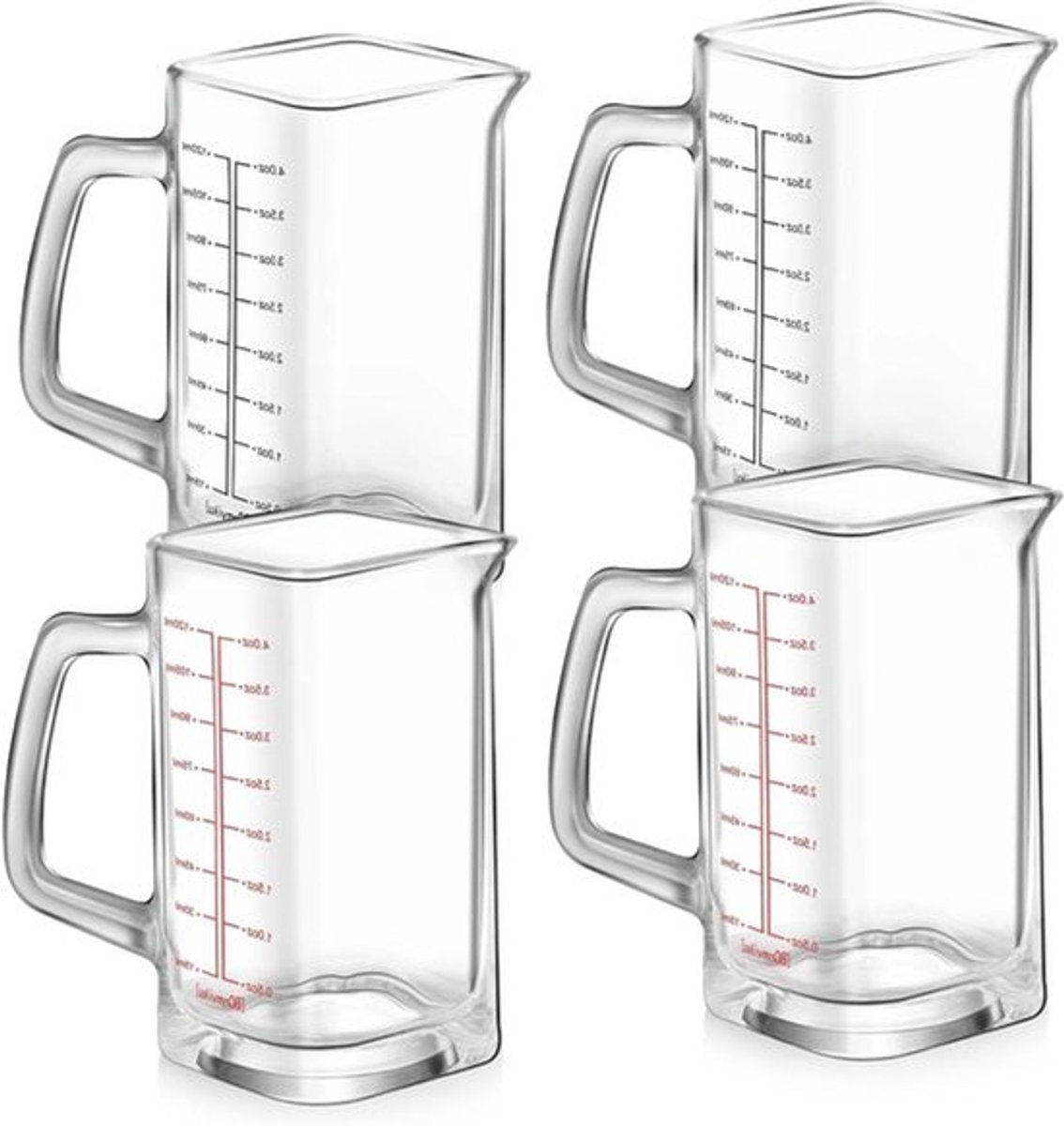 Maatbeker 120 ml met nauwkeurige schaal, schenktuit en handvat - Hittebestendig en magnetronbestendig (Zwart + Rood)