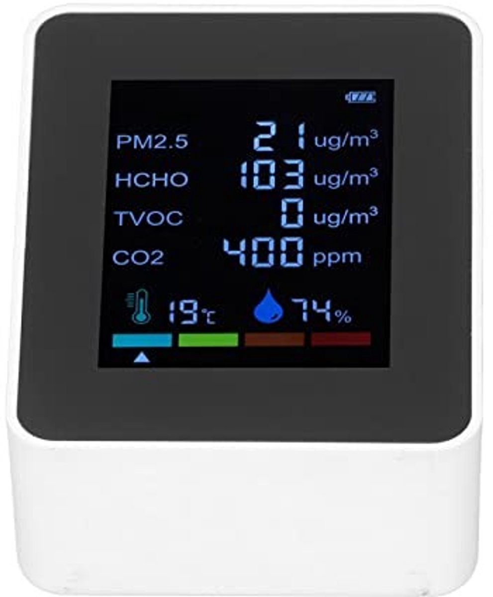 Elzusha - 6-in-1 Luchtkwaliteit Monitor - CO2 Meter - USB Oplaadbaar - Wit - PM2.5 Detector - Temperatuur en Vochtigheid Sensor - Geschikt voor Bin...