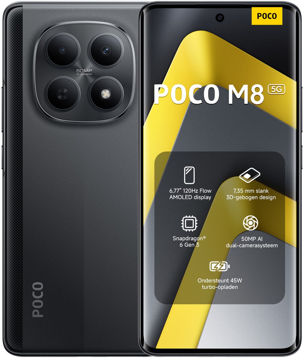 Xiaomi POCO M8 5G - 8 GB RAM - 256 GB - Zwart - 6,77" 120Hz Flow AMOLED display - Slank 7,35 mm 3D-gebogen design - Snapdragon® 6 Gen 3