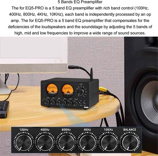 Allecto - 5 Band Equalizer - Vintage VU Meter - Voor Home Stereo - En Computer Speakers - Geluidsverbetering - Muziekervaring - Geschikt voor Thuis... van Merkloos — afbeelding 2