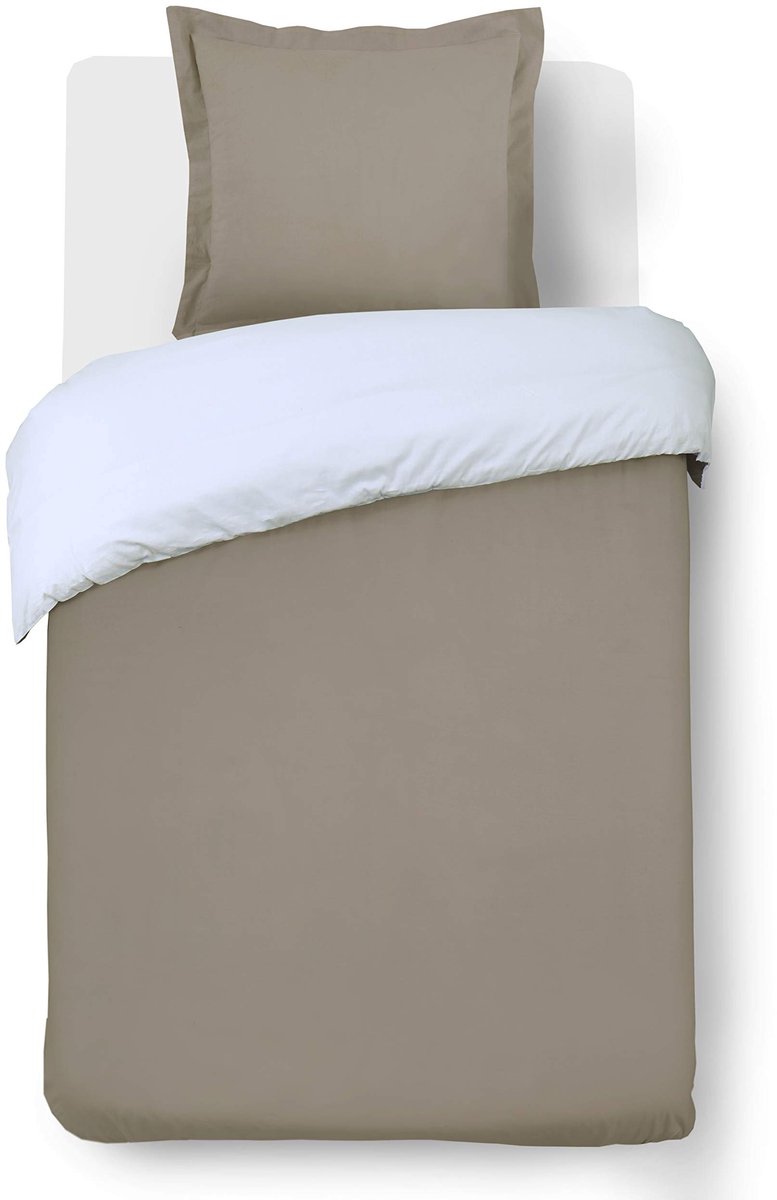 Dailygoody - Dekbedovertrek - Beddengoed set - 140 x 200 cm - Taupe/Wit - 100% Katoen - Geschikt voor eenpersoonsbed - Omkeerbaar