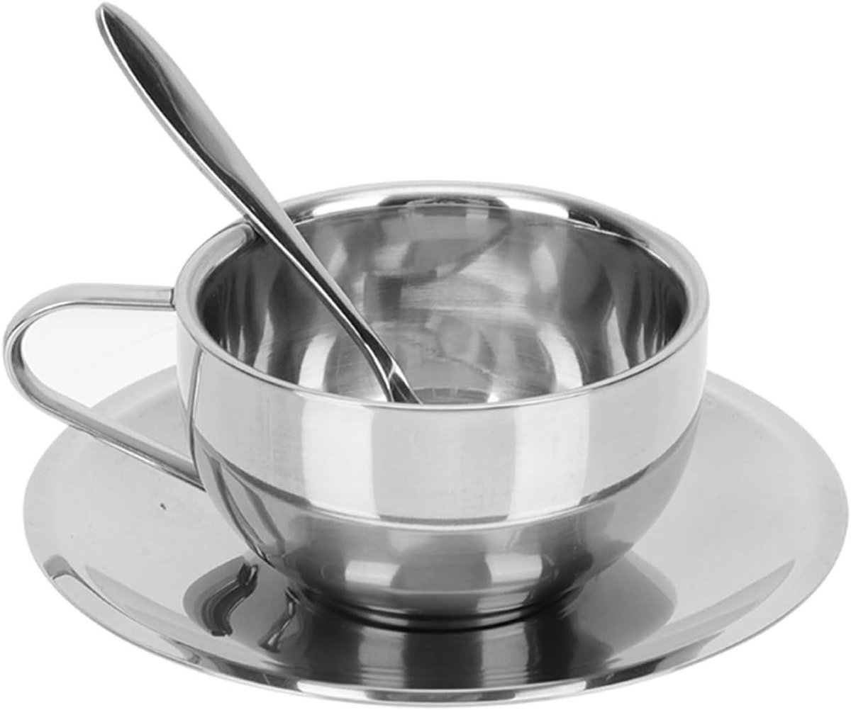 Set van RVS Koffiekoppen met Lepel - Cappuccino en Theekopjes met Onderzetter voor Reizen en Thuisgebruik