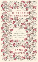 Boekomslag van 'The History of England' door Jane Austen, met een gedetailleerd bloemenpatroon in rood en grijs op een crème achtergrond.