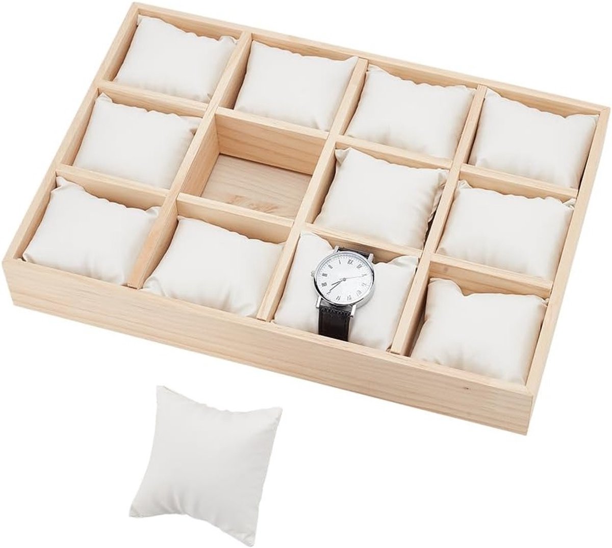 Houten Horloge Organizer met 12 Slots, Verwijderbare PU Leren Kussens, Stapelbare Sieraden Doos voor Horloges en Armbanden, Wit en Functioneel