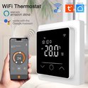 Witte slimme thermostaat (28.0°C) naast smartphone met app (temperatuur 14°C, comfort 24). Wi-Fi en Alexa/Google logo's.