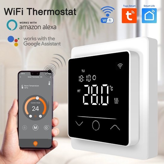 Witte slimme thermostaat (28.0°C) naast smartphone met app (temperatuur 14°C, comfort 24). Wi-Fi en Alexa/Google logo's.