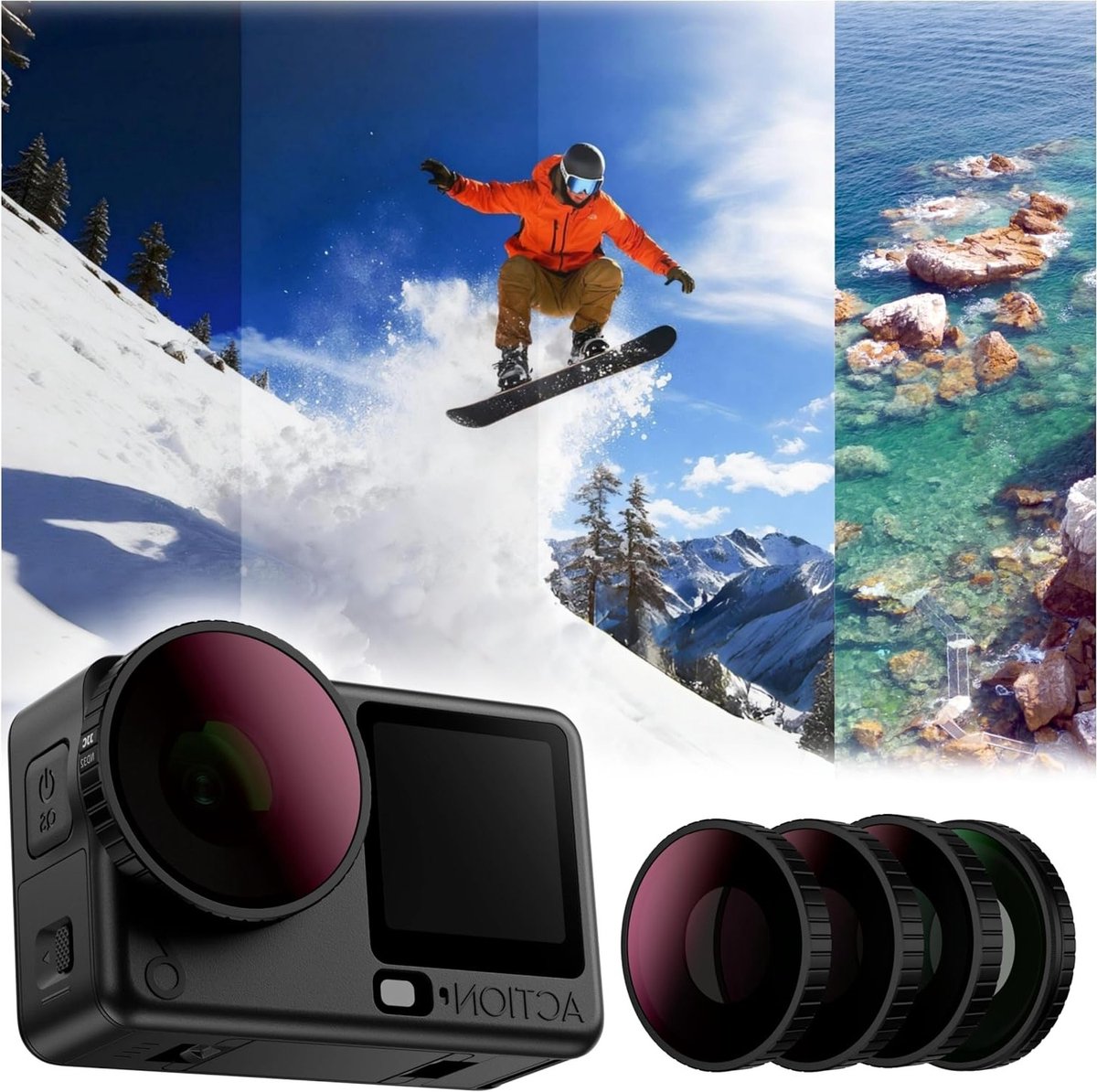 Filterset voor actiecamera's met ND8, ND16, ND32 en CPL filters voor verbeterde videokwaliteit