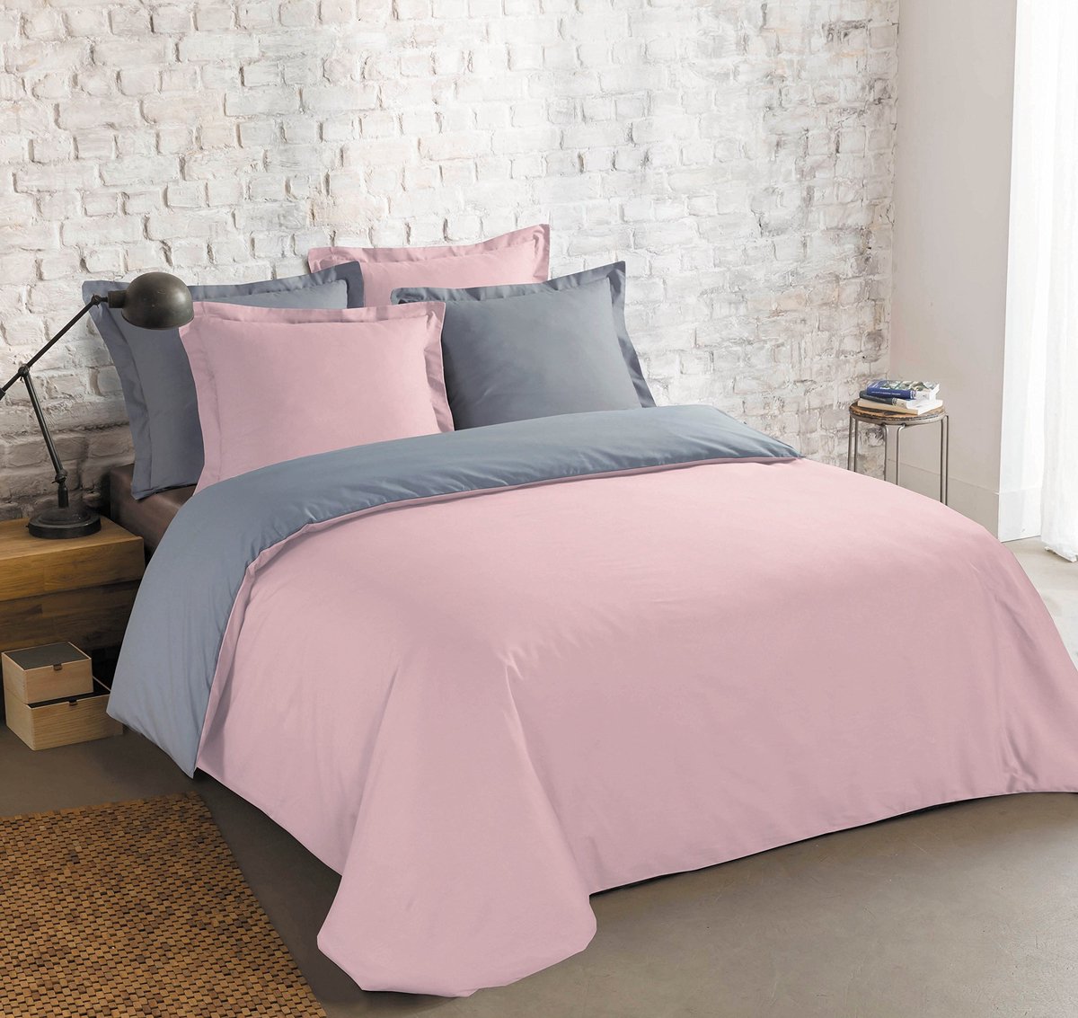Dailygoody - Omkeerbaar dekbedovertrek - Beddengoed - 200 x 200 cm - Grijs/Roze - Katoen - Geschikt voor alle leeftijden - Inclusief kussenslopen