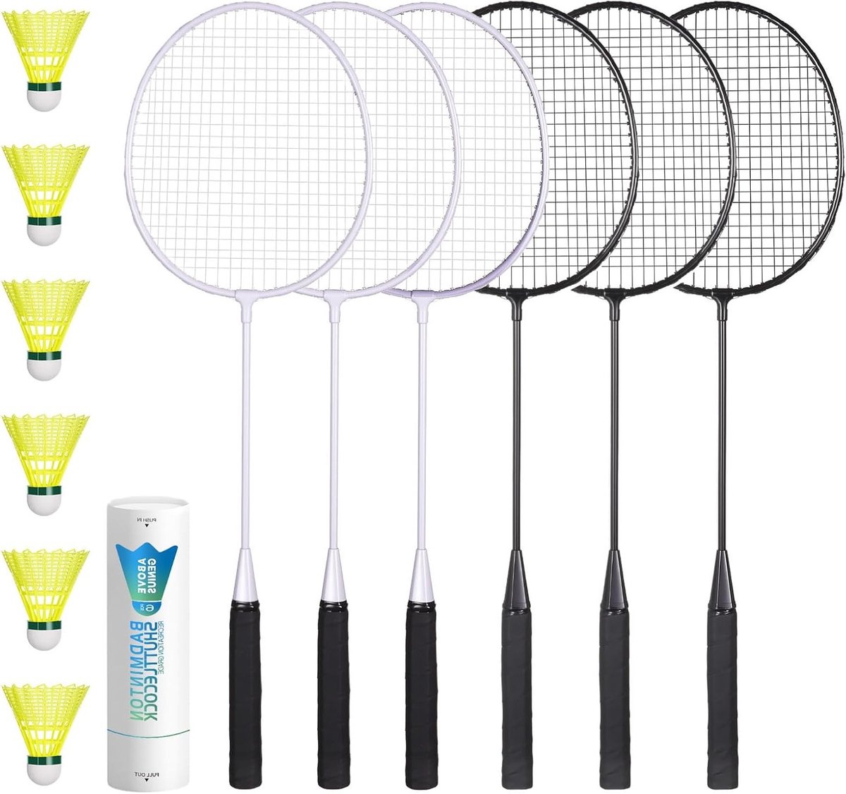 Badminton Rackets Set voor Buiten Spelletjes, Inclusief 6 Rackets en 6 Nylon Shuttlecocks, Lichtgewicht Racquets voor Beginners en Gezinsplezier