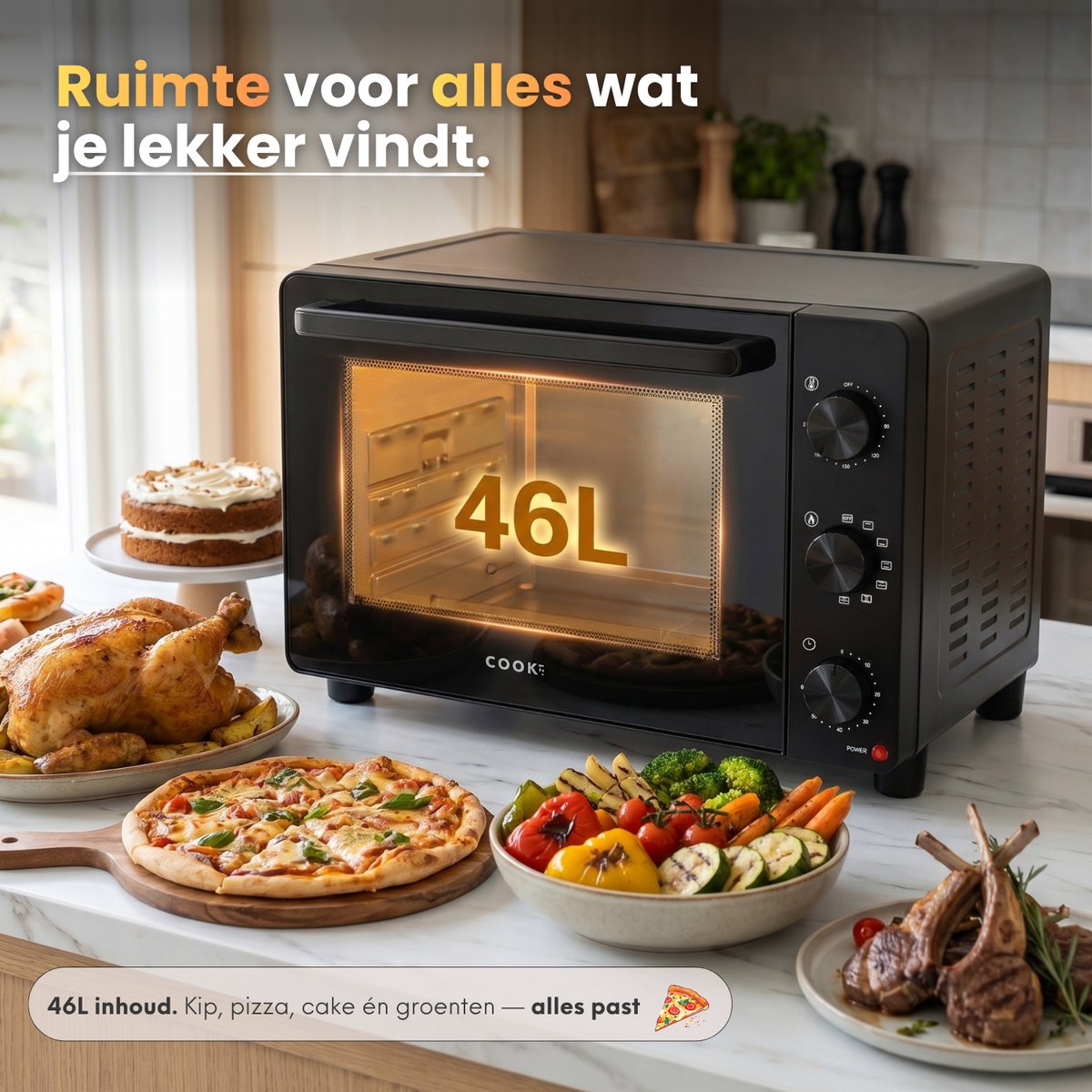 COOK-IT Vrijstaande Oven - 46L - 6 Ovenstanden - Hetelucht - PFAS Vrij - Grill - Draaispit - 90 tot 230°C - Zwart – foto 2