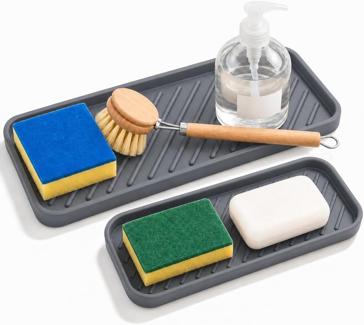Gootsteenorganizer in grijs, 30,5 x 12 cm en 23 x 9 cm, afdruipmat voor keuken en badkamer, ideaal voor sponzen, borstels en zeep (set van 2)