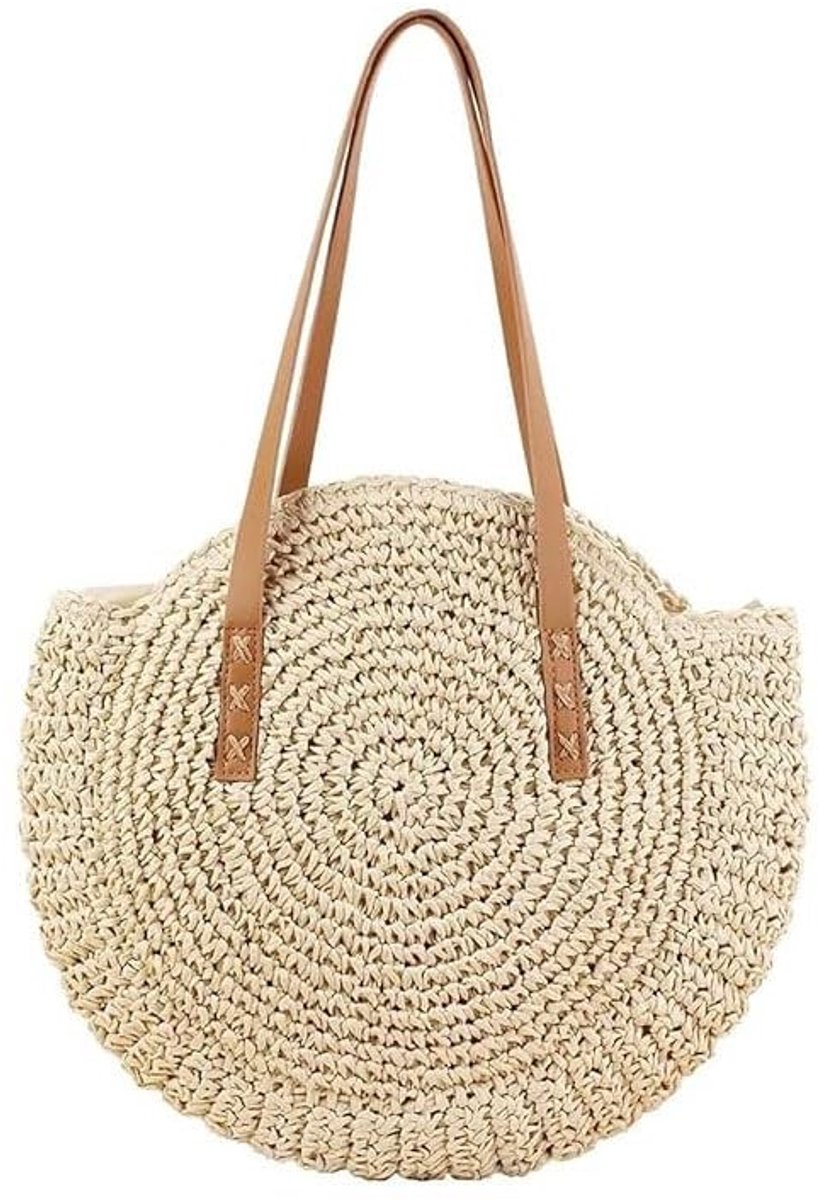 Dailygoody - Dames crossbody tas - Retro ronde strandtas - Grote schoudertas - Beige - Gepersonaliseerde mandtas - Ideaal voor reizen en vrije ti