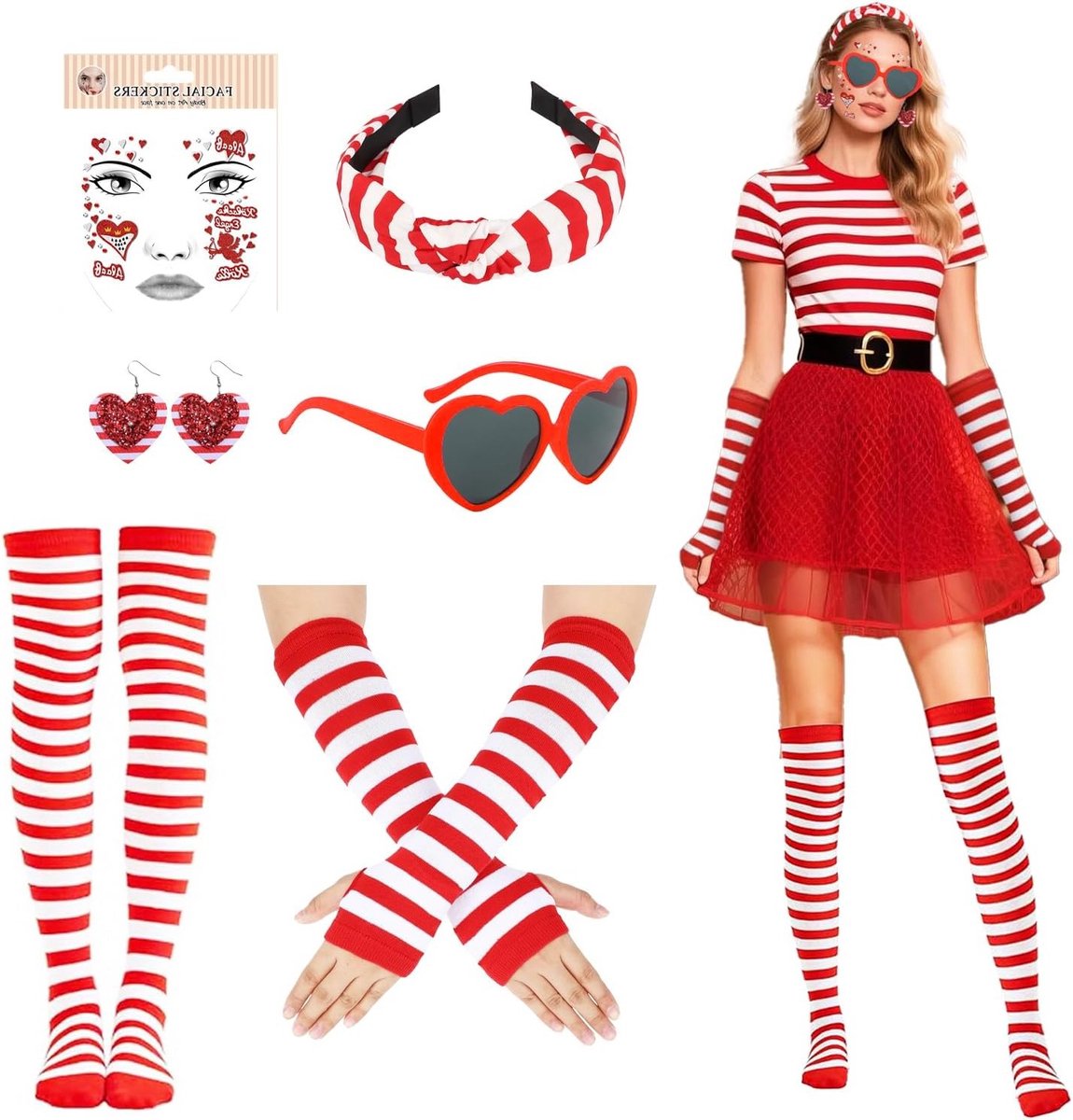 Carnaval Kostuum met Rode en Witte Engel Gezicht, Hoofdband, Handschoenen, Sokken, Hart Bril en Oorbellen voor Halloween en Feestjes