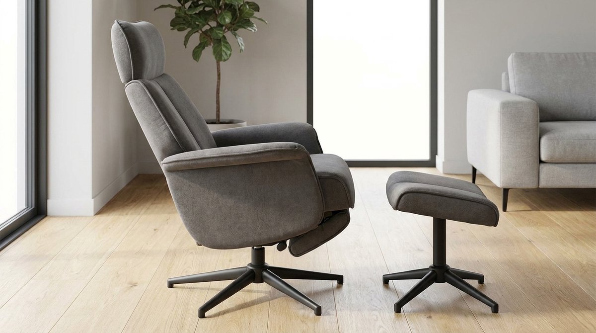 Relaxfauteuil met hocker - House&Garden Verdal Luxe Velvet Relaxstoel incl. Voetenbank Manueel Verstelbaar - Antraciet Cosmo - Zwart Metaal - 77x79x109 cm