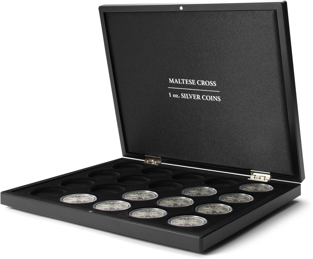 VOLTERRA - Muntkoffer - Uno - Presentatiekoffer voor 20 zilveren munten met het Maltezer kruis in capsules