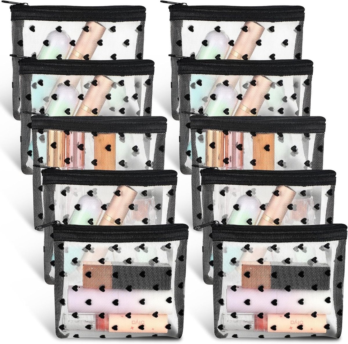 Cosmetische tasjes met hartjesprint - 10-delige set, mini make-up organizers voor reizen, kantoor en thuis, ideaal voor lippenstift en kleine accessoires, beige, schattig en praktisch