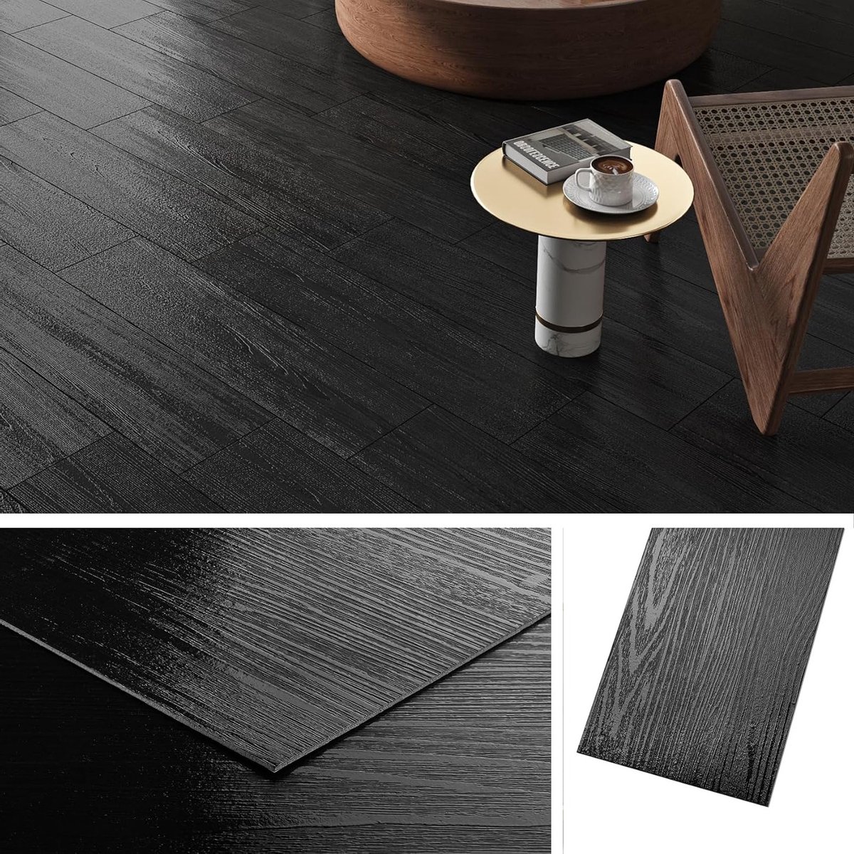 Dikke PVC Vloer Zelfklevend Houtlook Zwart Waterdicht Vinyl voor Badkamer en Keuken, 90x15