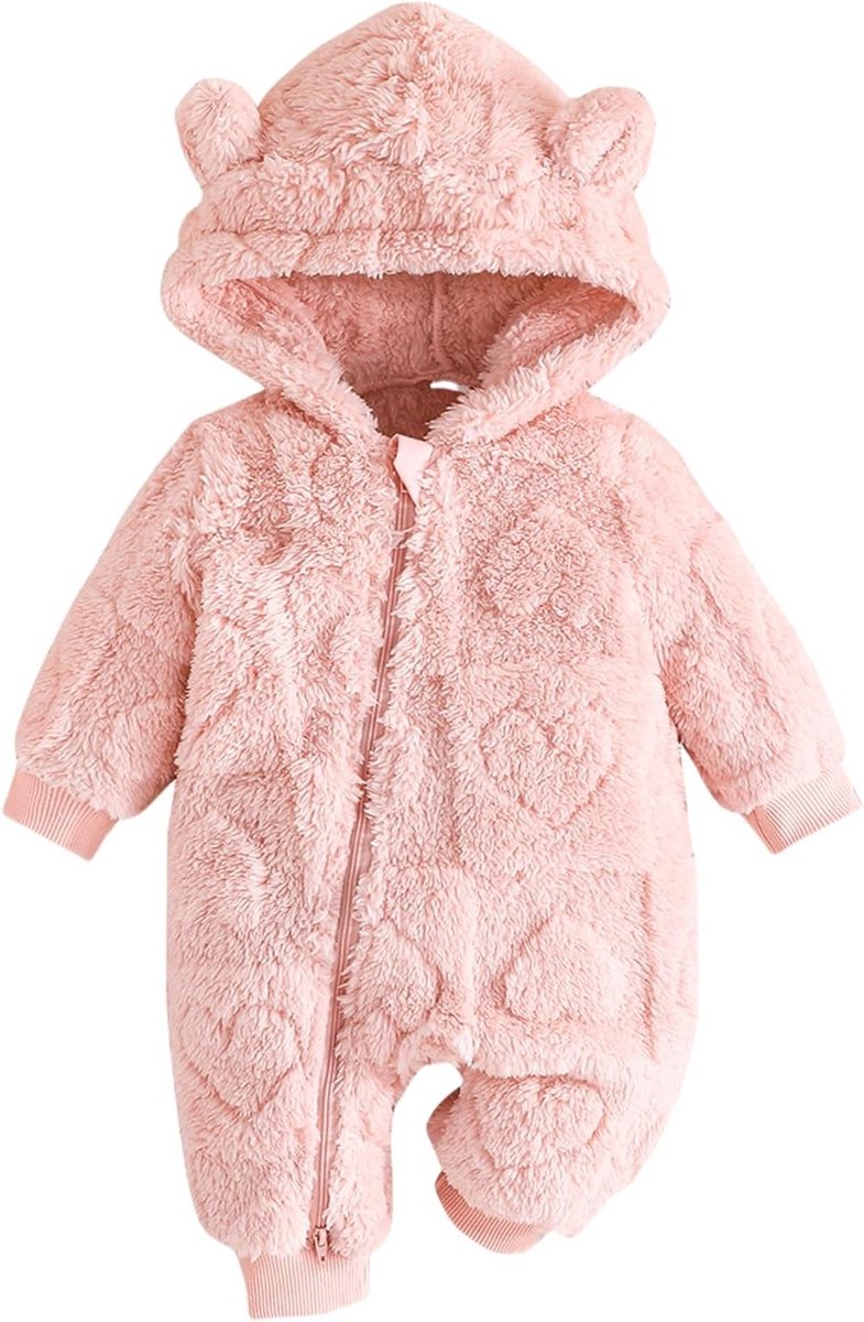 Warme Baby Winter Jumpsuit met Kap van Teddy Fleece voor Newborns en Peuters, Geschikt voor Jongens en Meisjes, Roze, 9-12 Maanden